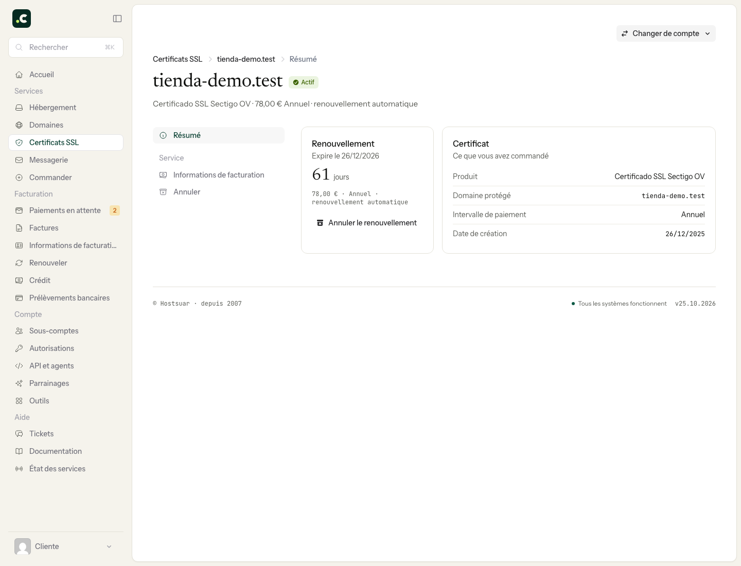 Résumé du certificat commercial et de son renouvellement dans l'espace client