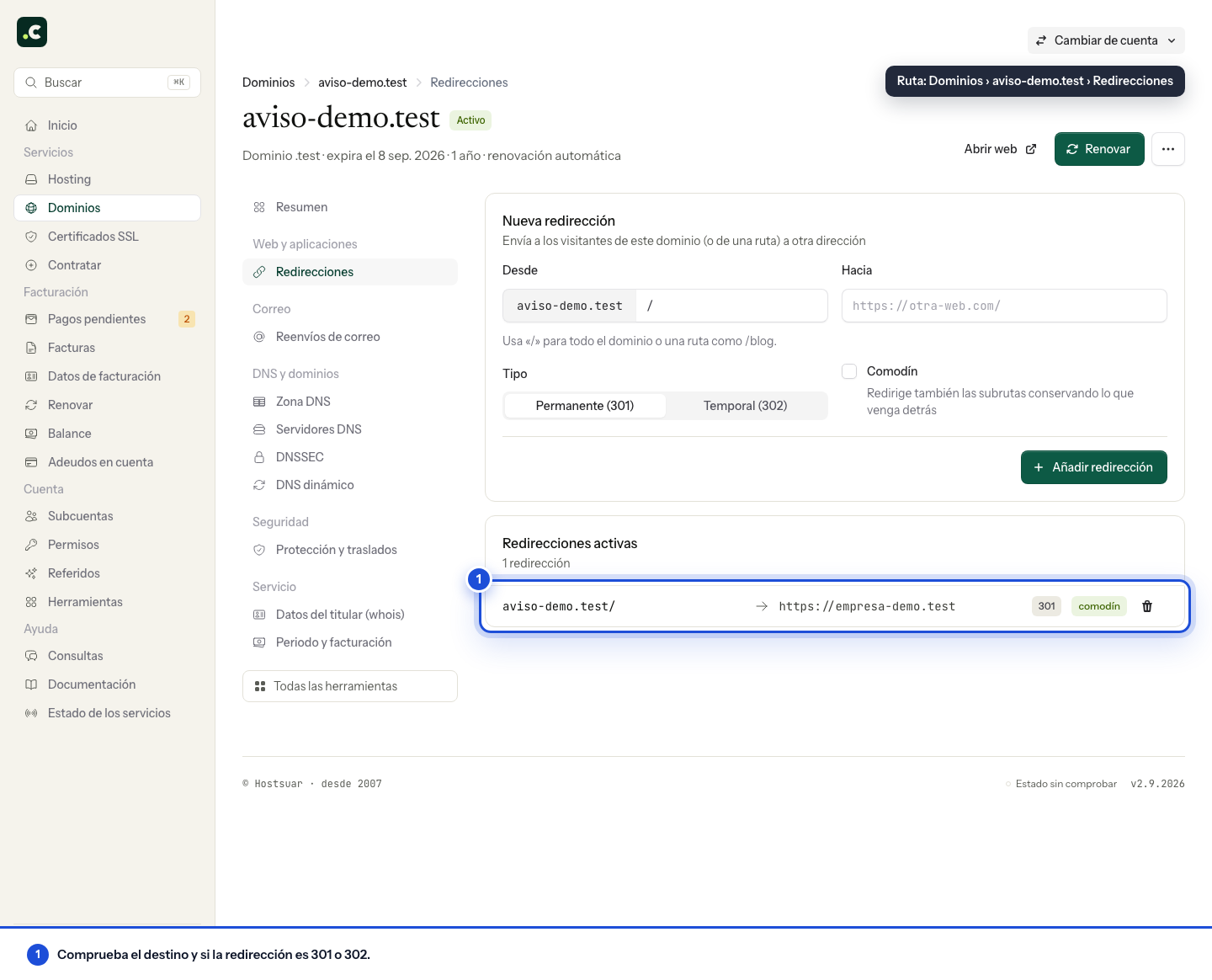 Redirecciones del dominio desde el área de clientes