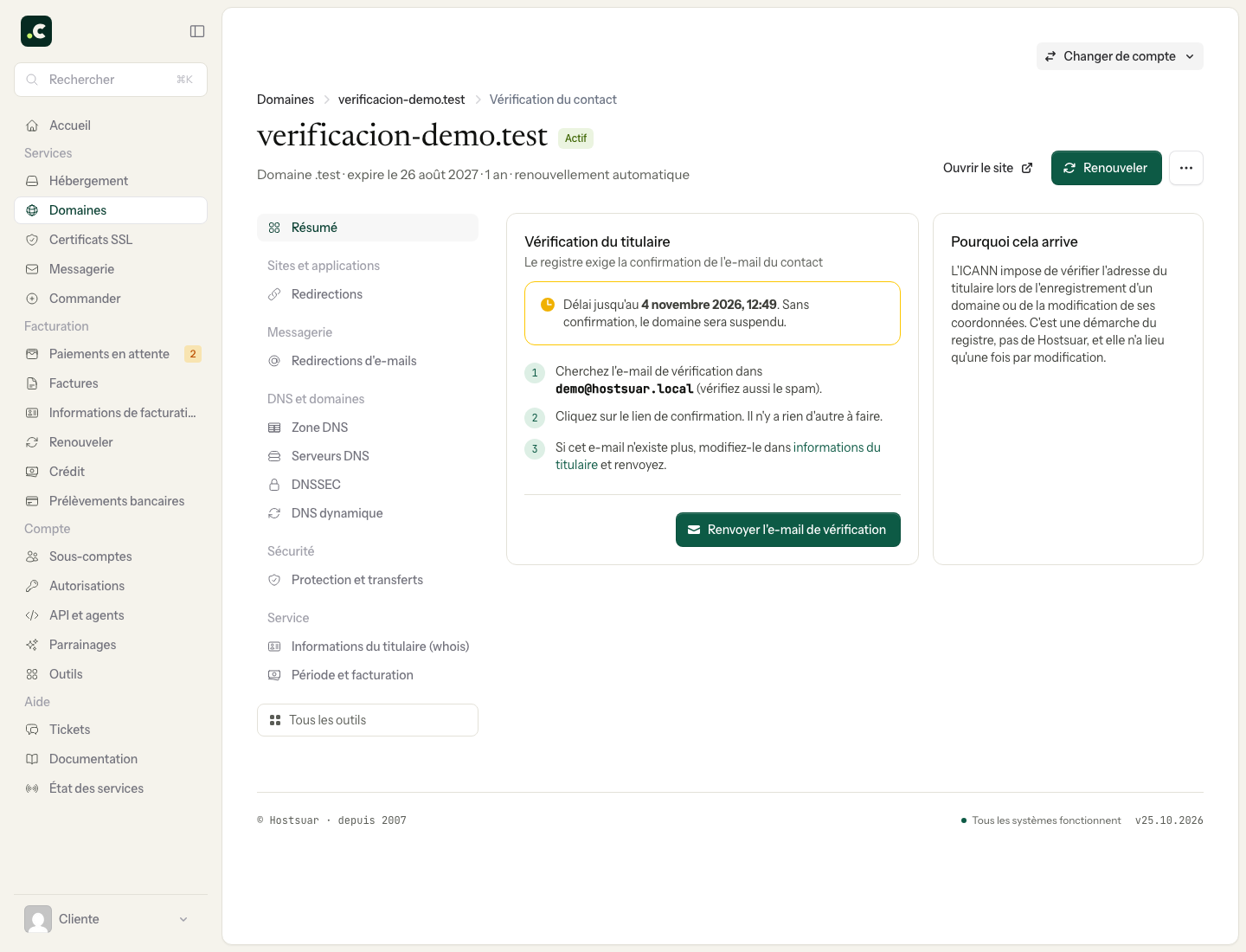 Vérification du contact dans l'entreprise de démonstration avec le délai, l'adresse e-mail destinataire et le bouton de renvoi