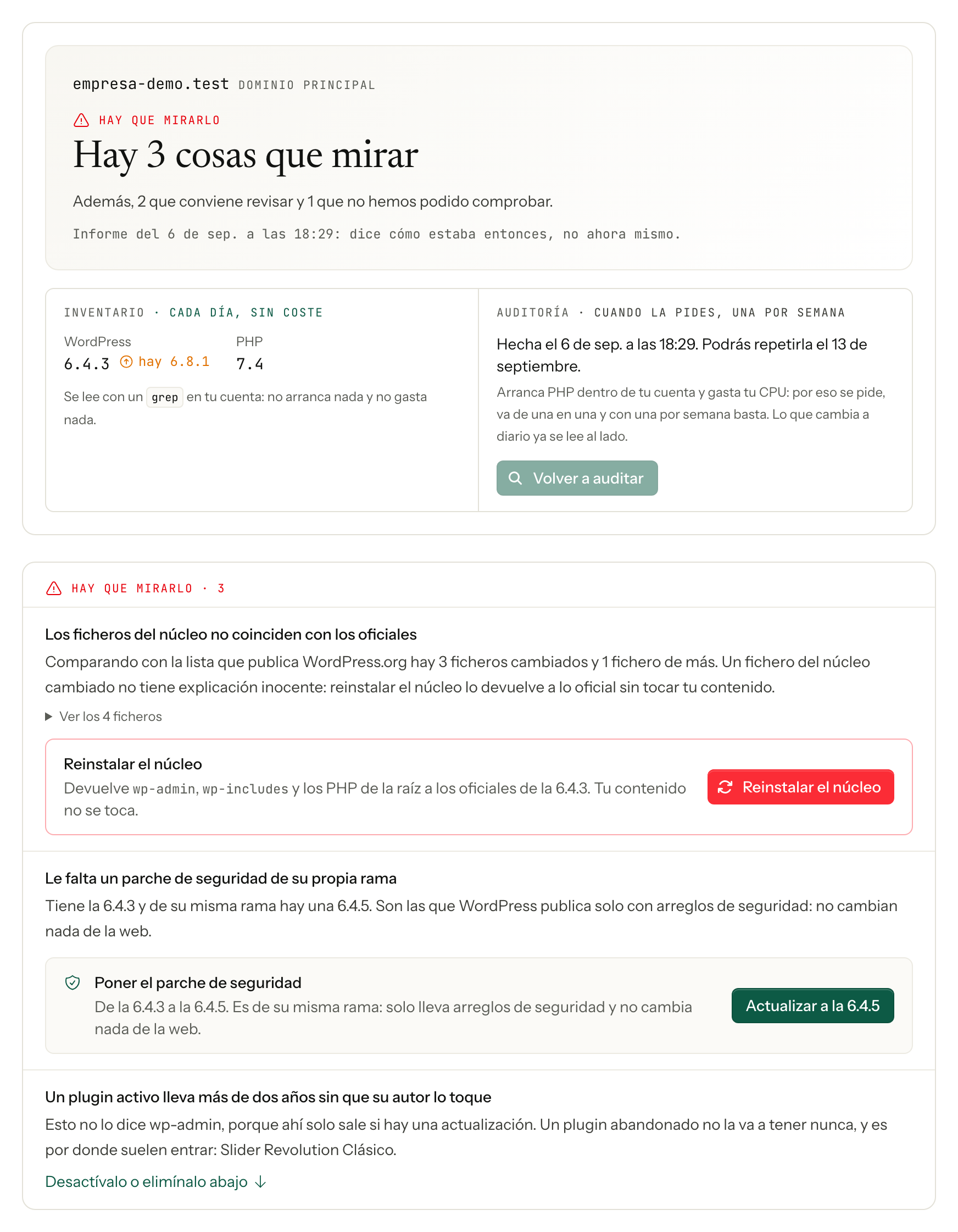 La ficha de una web, con el informe y el arreglo de cada cosa al lado