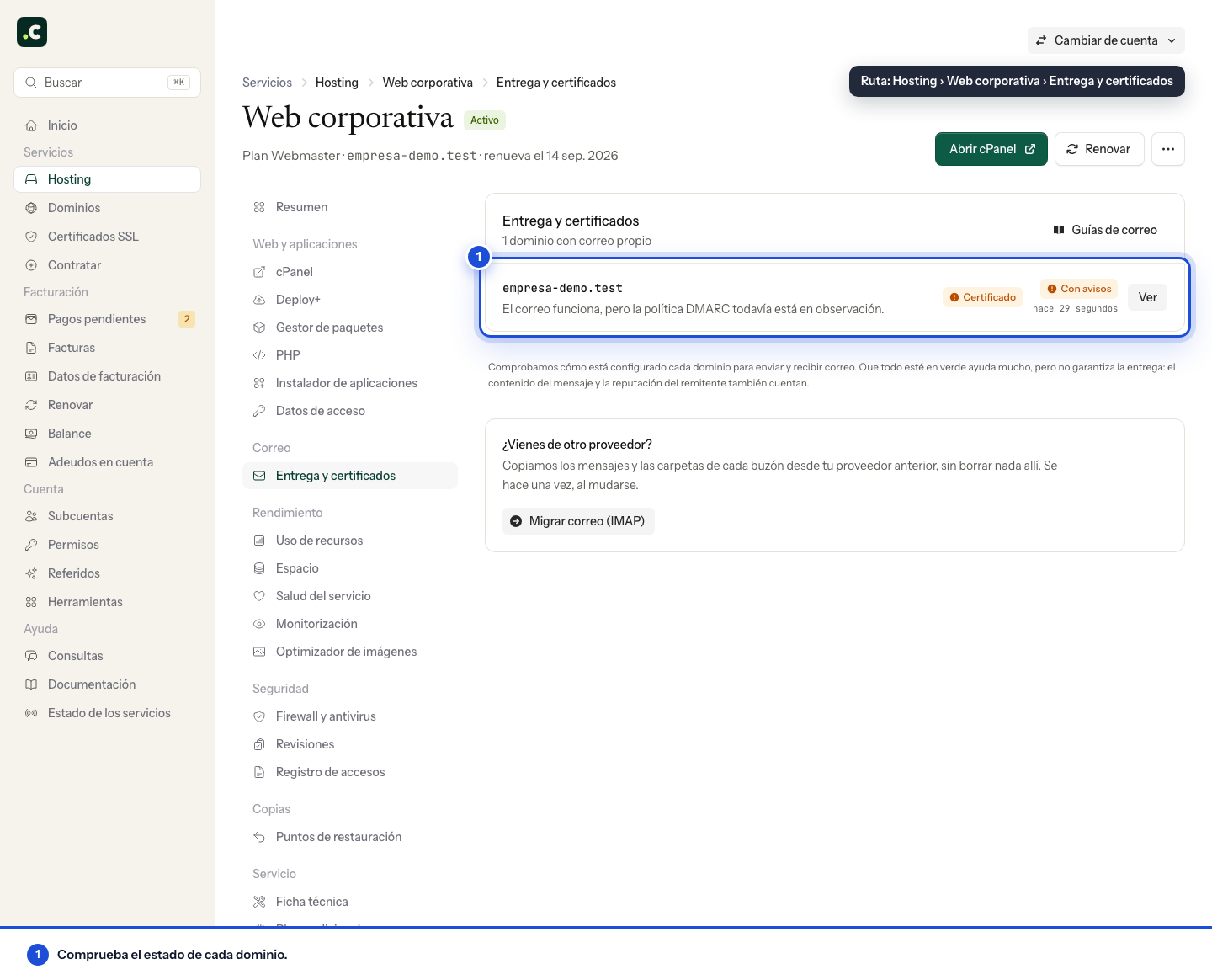 Resumen de correo y certificados de un hosting