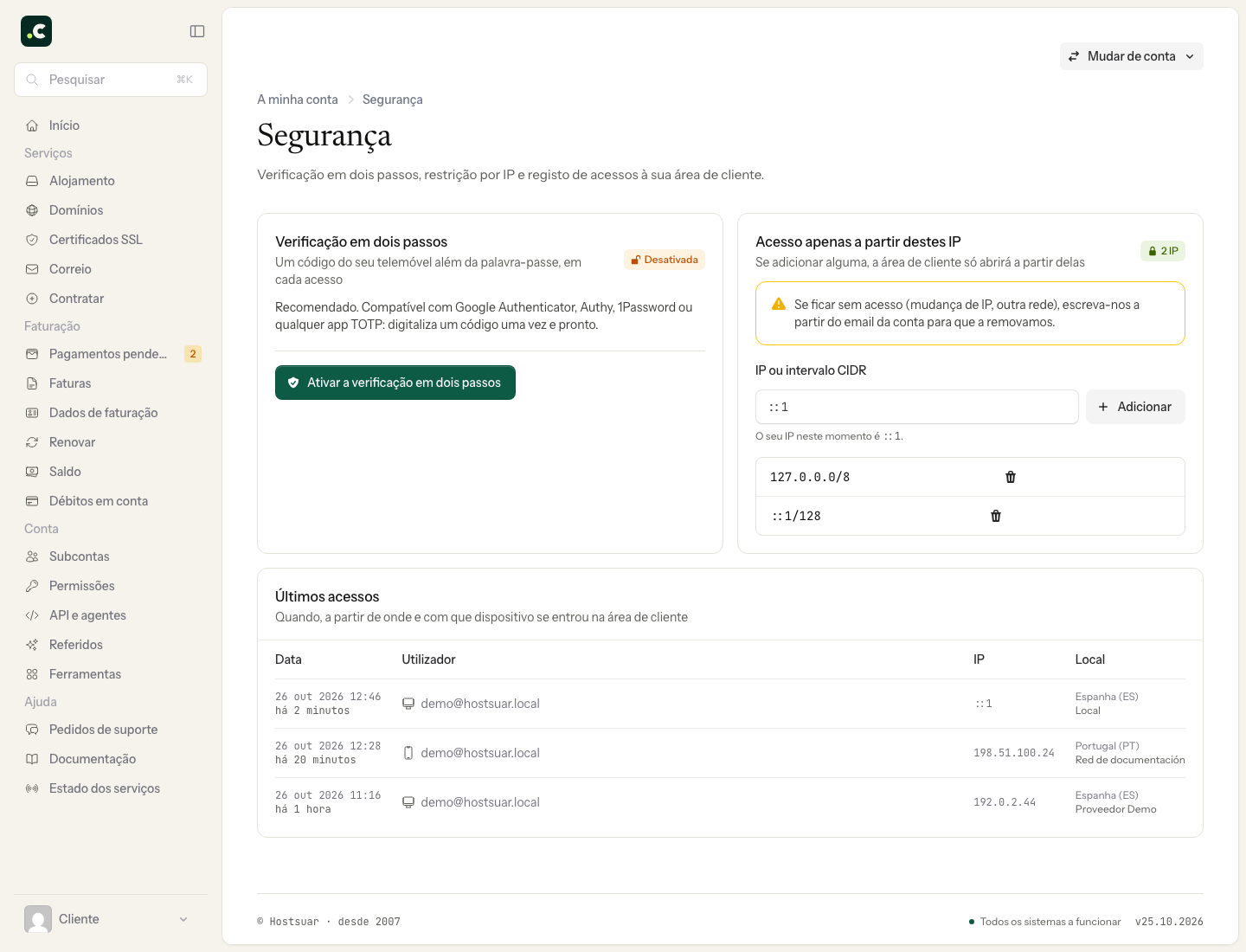 Verificação em dois passos e lista de IP autorizados da área de cliente