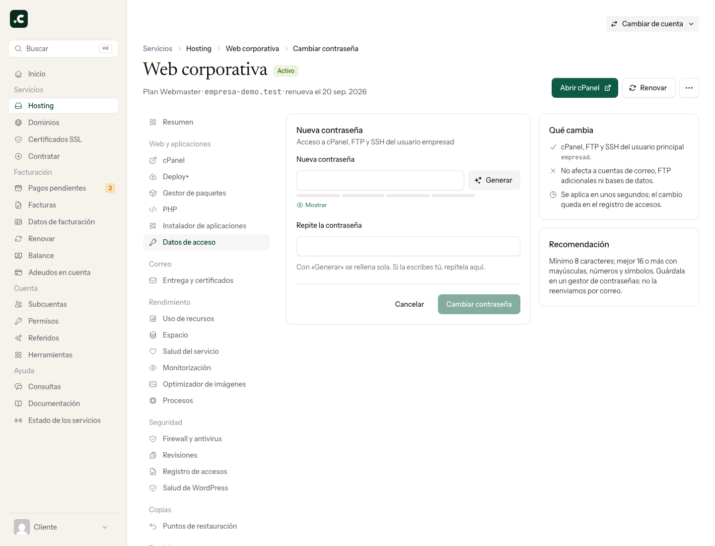 Formulario para cambiar la contraseña principal del hosting