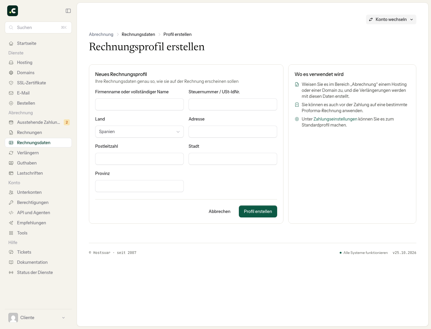 Formular zum Anlegen eines Rechnungsprofils