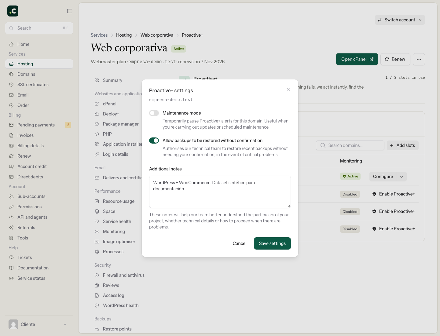 Proactive+ maintenance, notes and permissions settings in the demo account