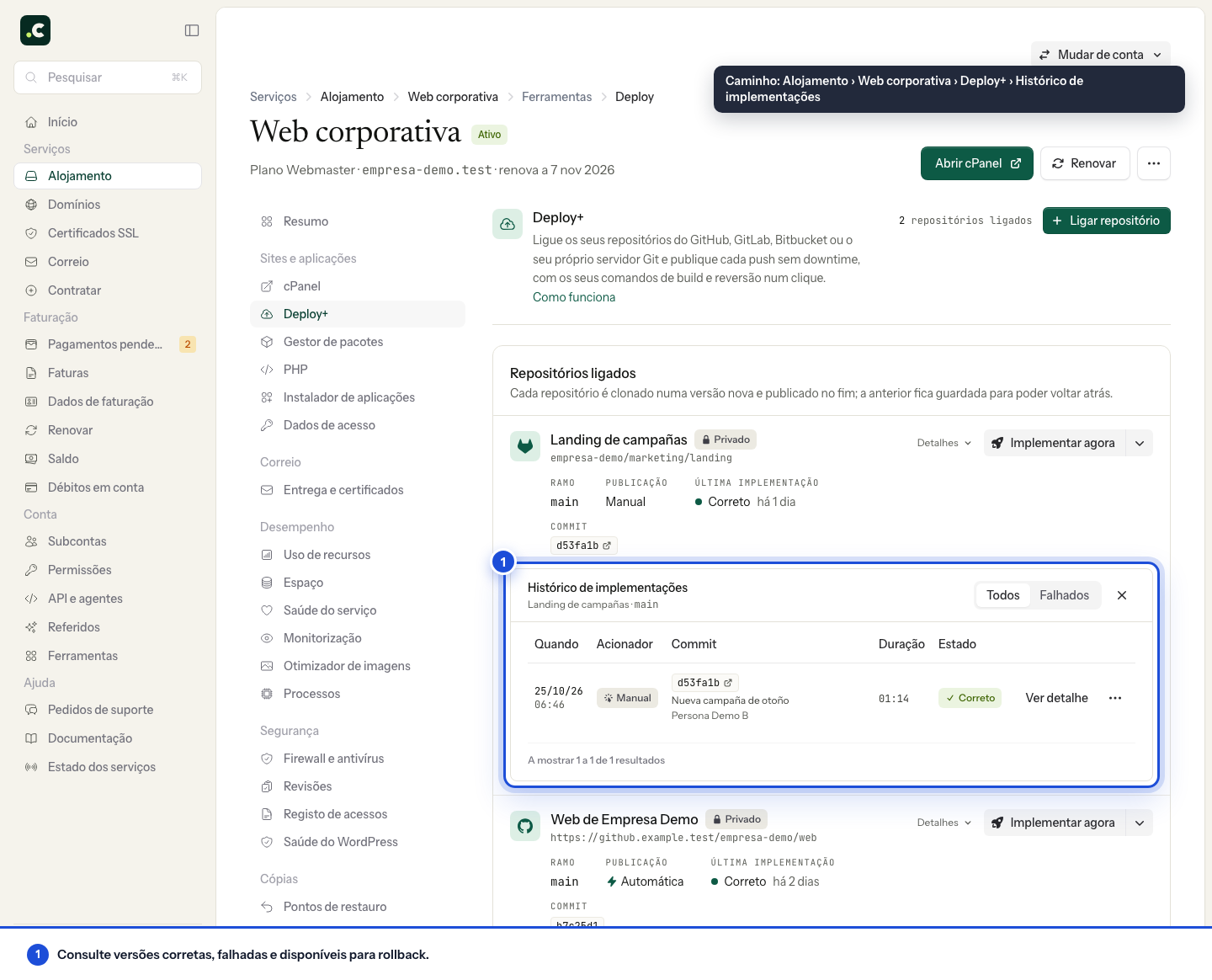 Histórico de implementações e versões disponíveis