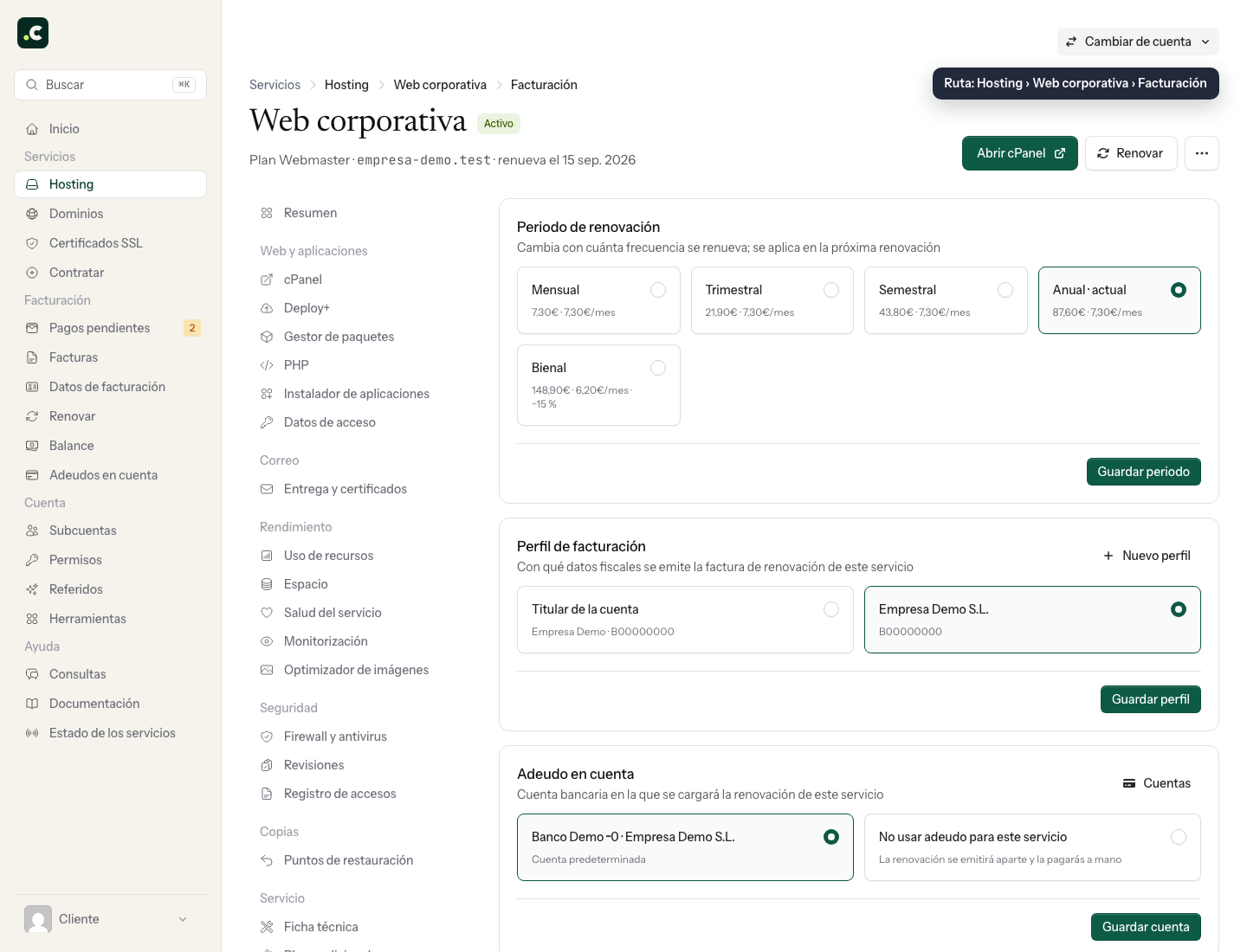 Asignar un perfil de facturación al hosting