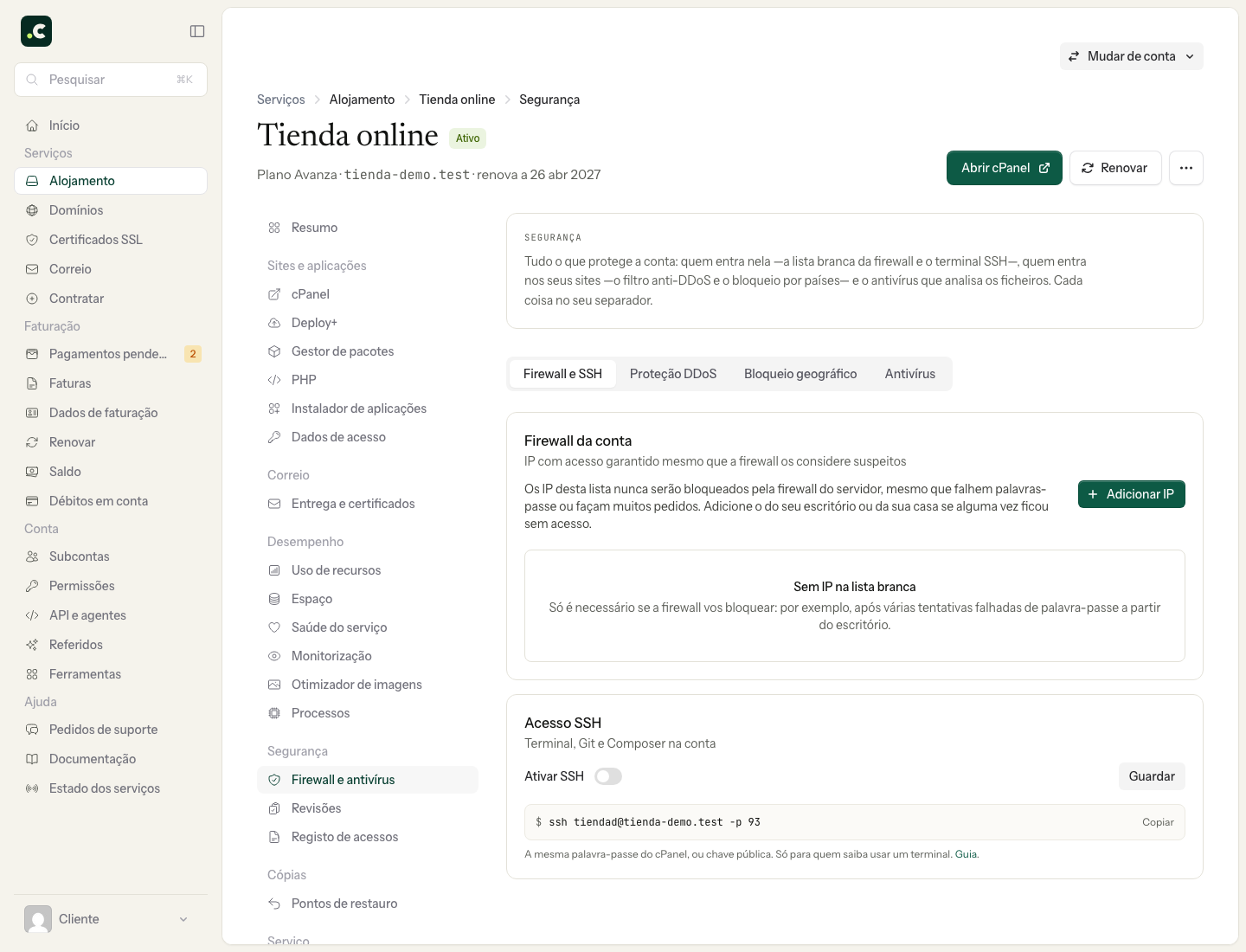 Ativar o acesso SSH a partir da segurança do alojamento
