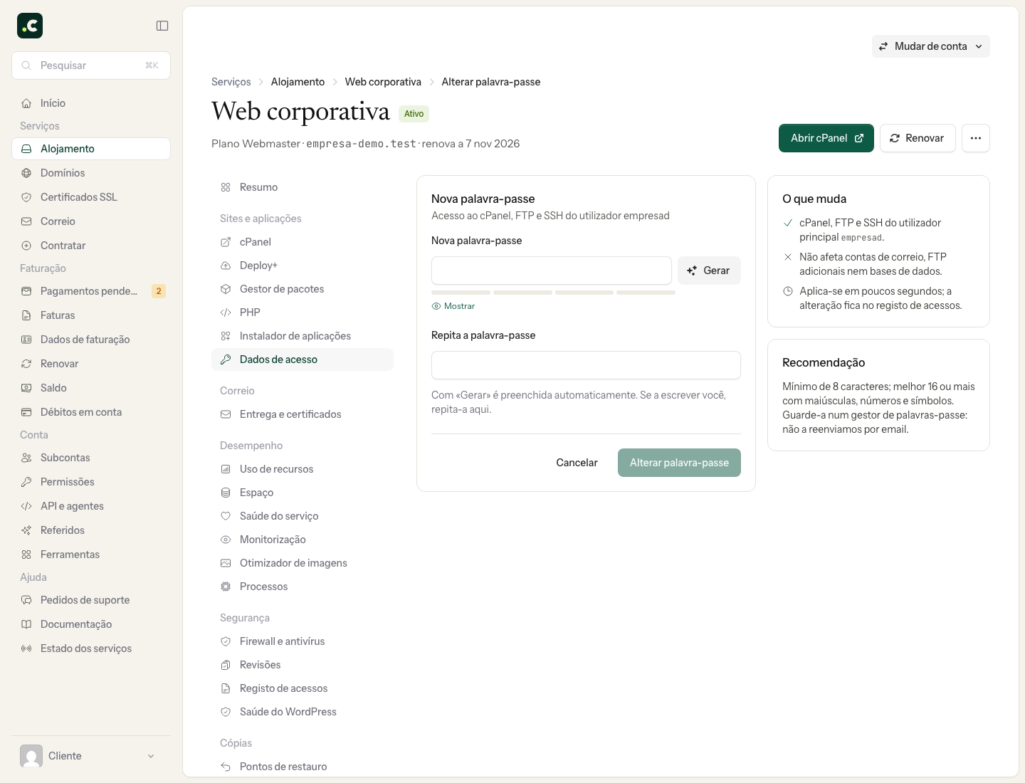 Formulário para definir uma nova palavra-passe principal do alojamento