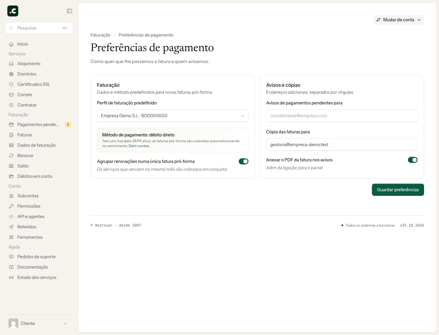 Preferências de faturação com débito direto ativo, avisos e cópias