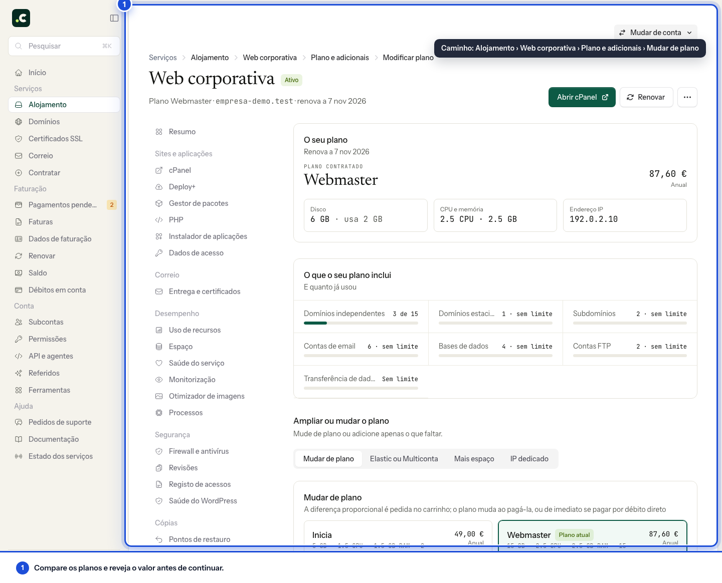 Comparar e mudar o plano de alojamento