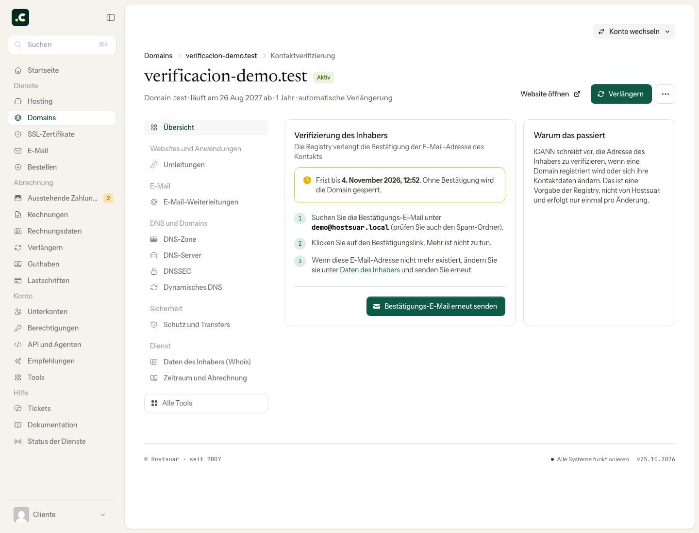 Kontaktverifizierung beim Demo-Unternehmen mit Frist, Empfänger-E-Mail und Schaltfläche zum erneuten Senden