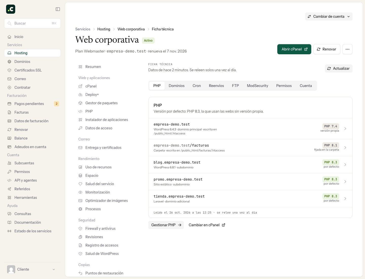 La página de PHP, con la versión de cada web