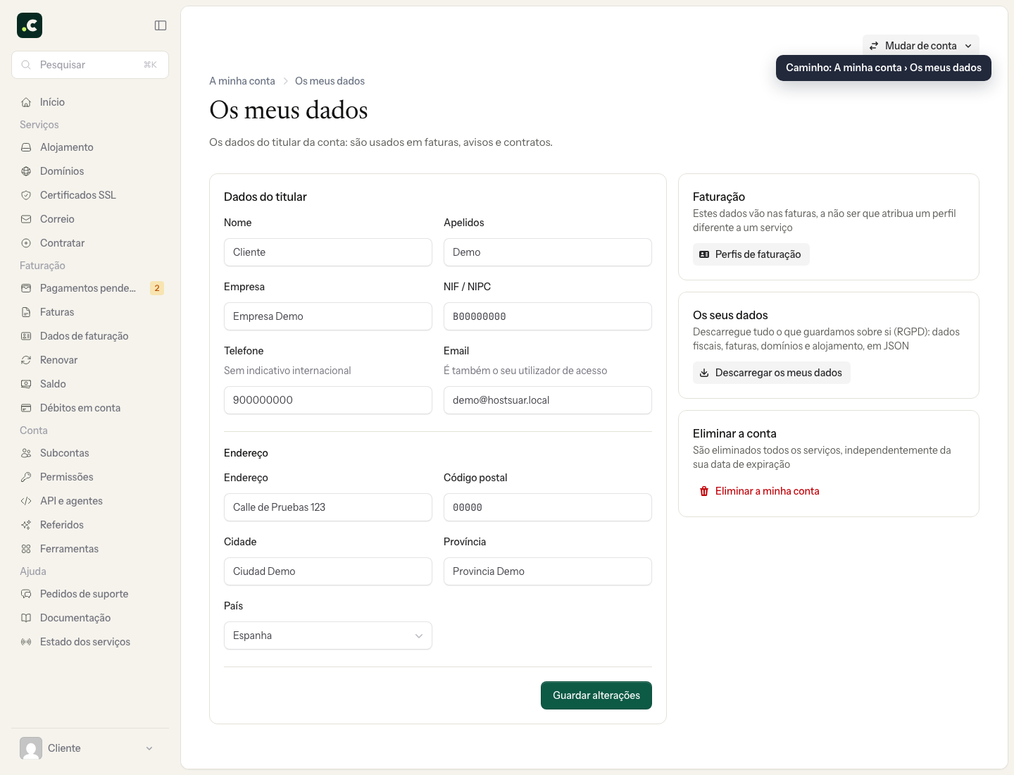 Acesso à eliminação completa da conta
