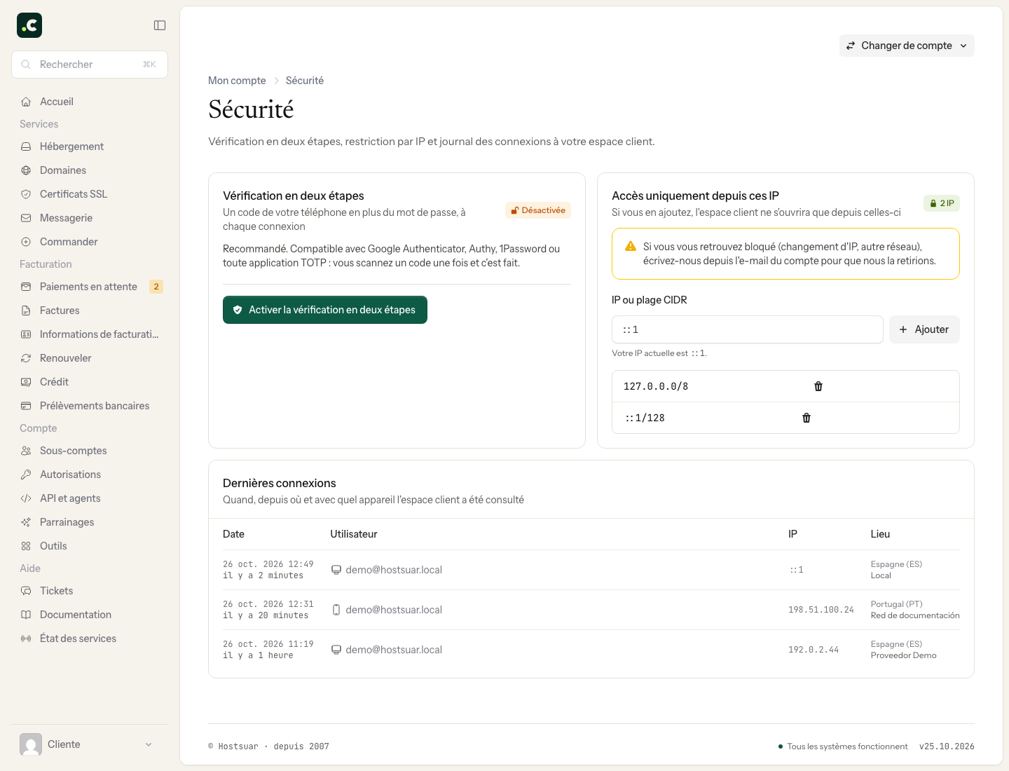 Validation en deux étapes et liste des IP autorisées de l'espace client
