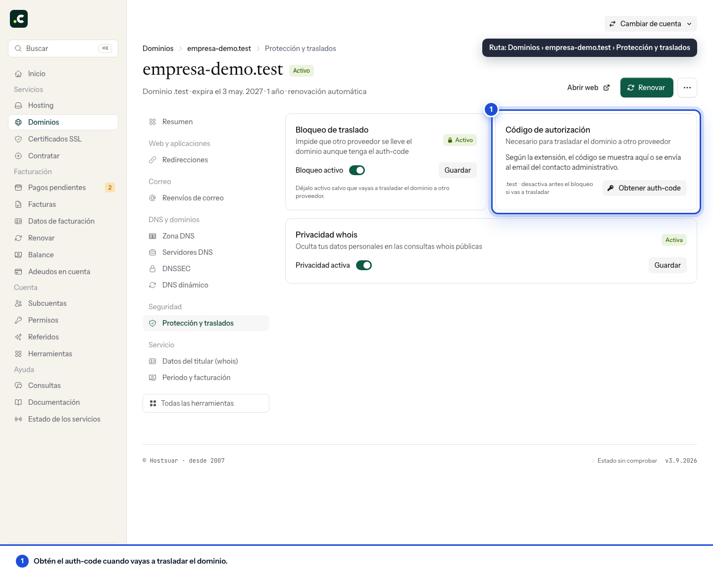 Opción para solicitar el Auth-code