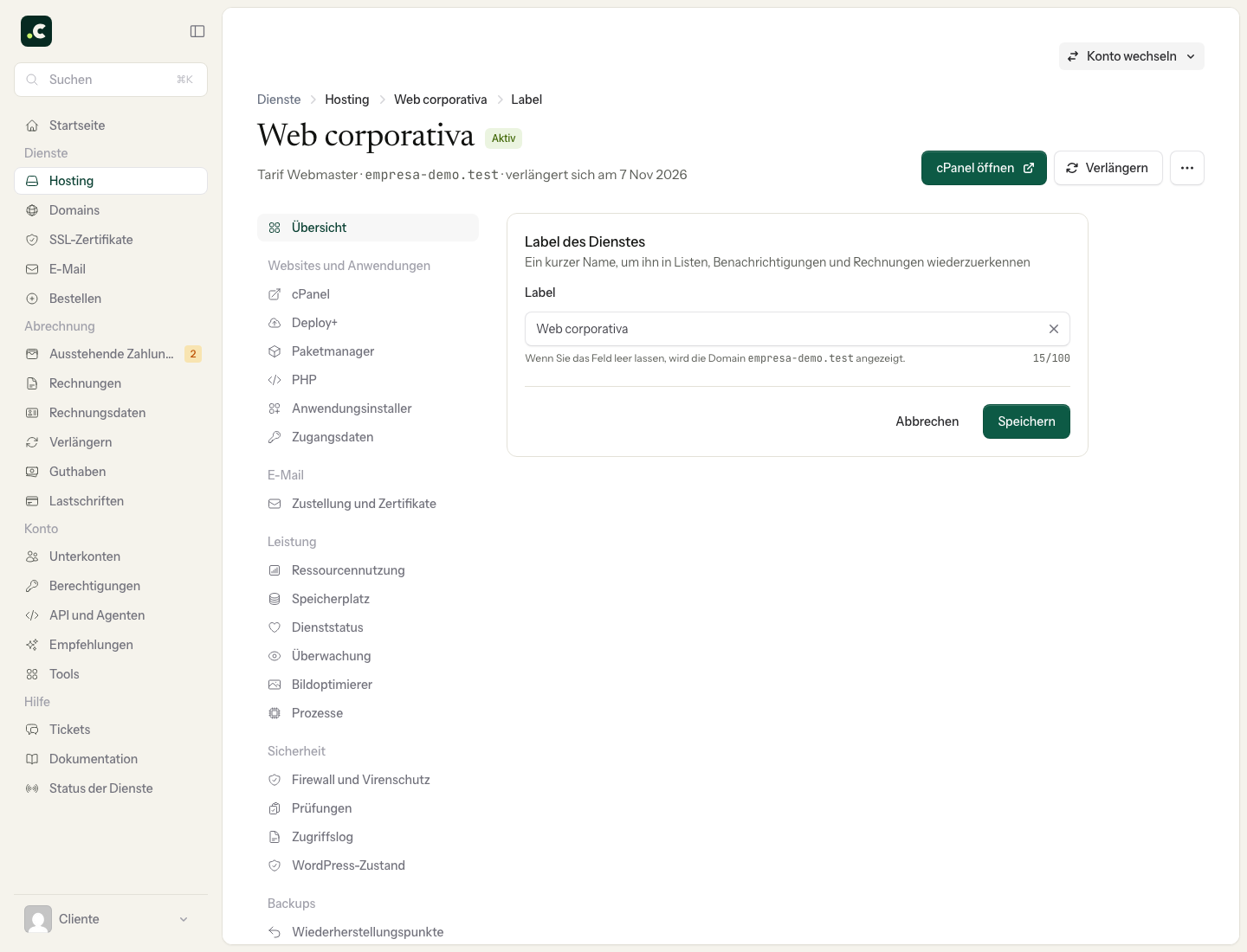 Label des Dienstes im Demo-Unternehmen, mit bearbeitbarem Namen und Referenzdomain