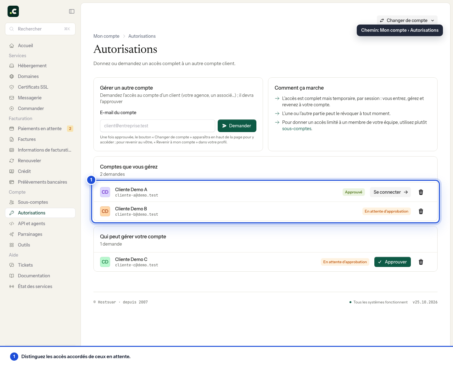Autorisations pour gérer d'autres comptes clients