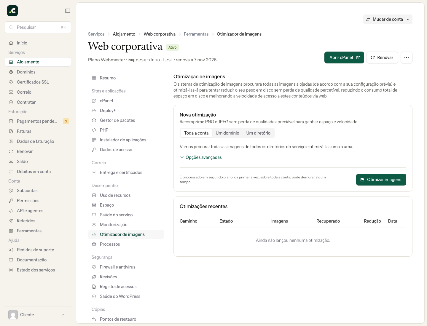 Formulário para escolher o âmbito de uma otimização de imagens