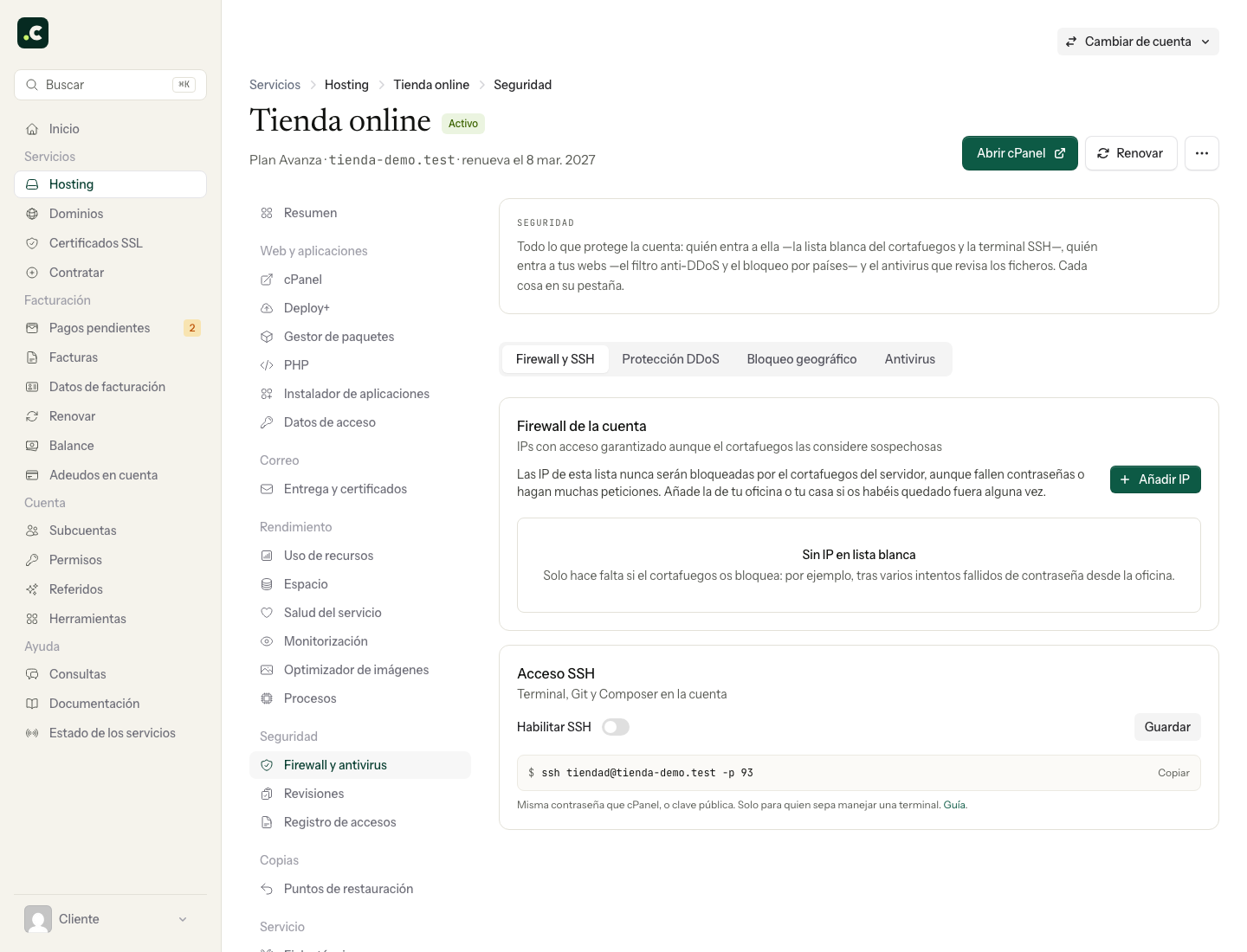 Activar el acceso SSH desde la seguridad del hosting