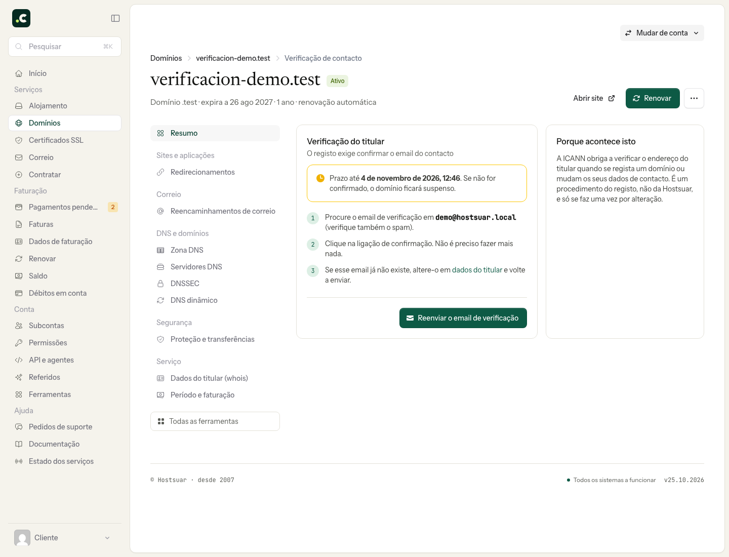 Verificação do contacto na empresa de demonstração com prazo, email de destino e botão de reenvio