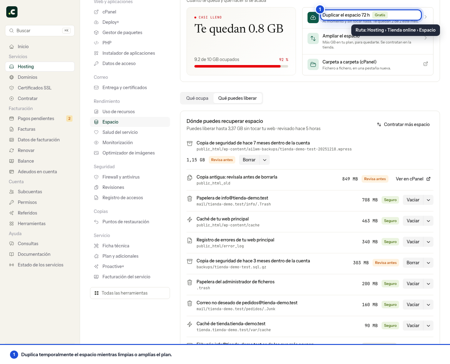 Aumento temporal de espacio desde los recursos del hosting