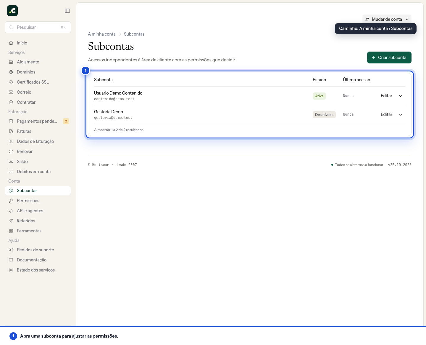 Lista de subcontas ativas e desativadas
