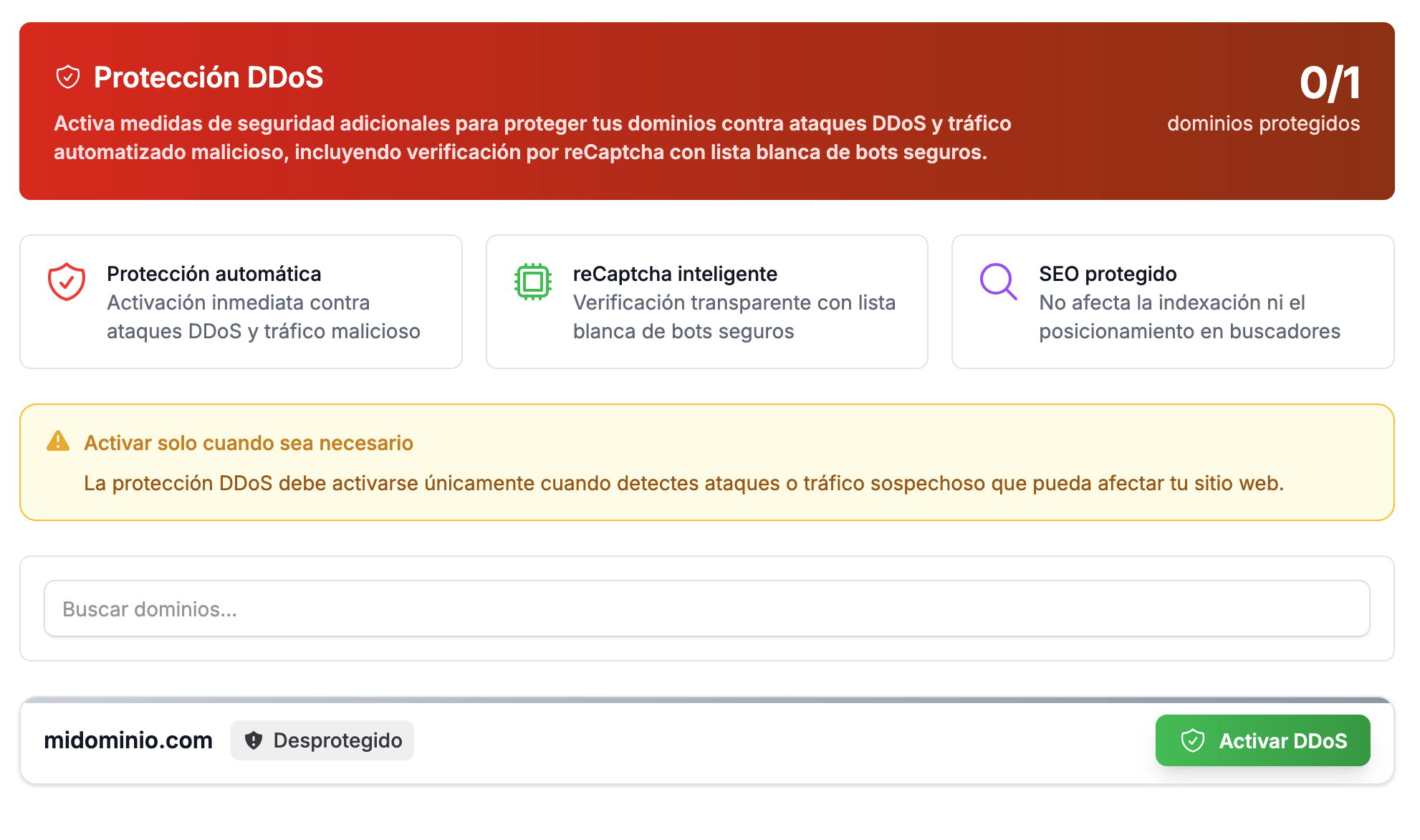 Protección DDoS en el panel de cliente