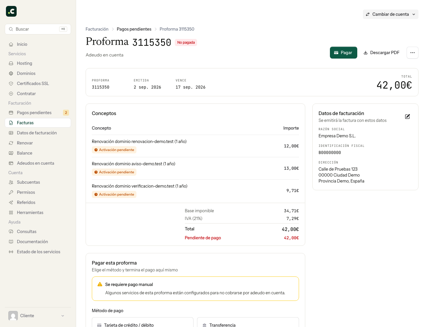 Proforma demo con conceptos, vencimiento y edición de datos fiscales