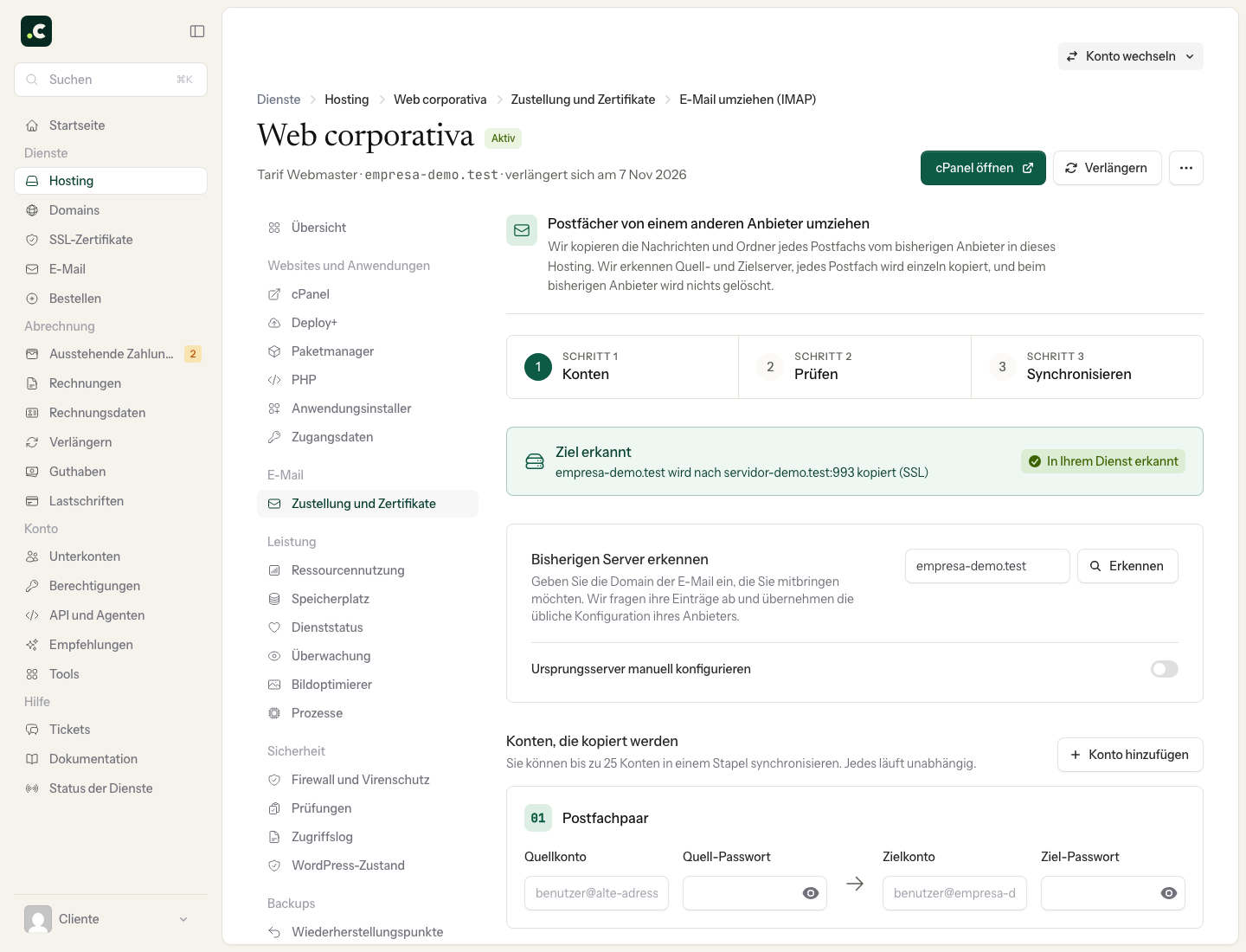 Demo-Formular zur Vorbereitung der E-Mail-Migration