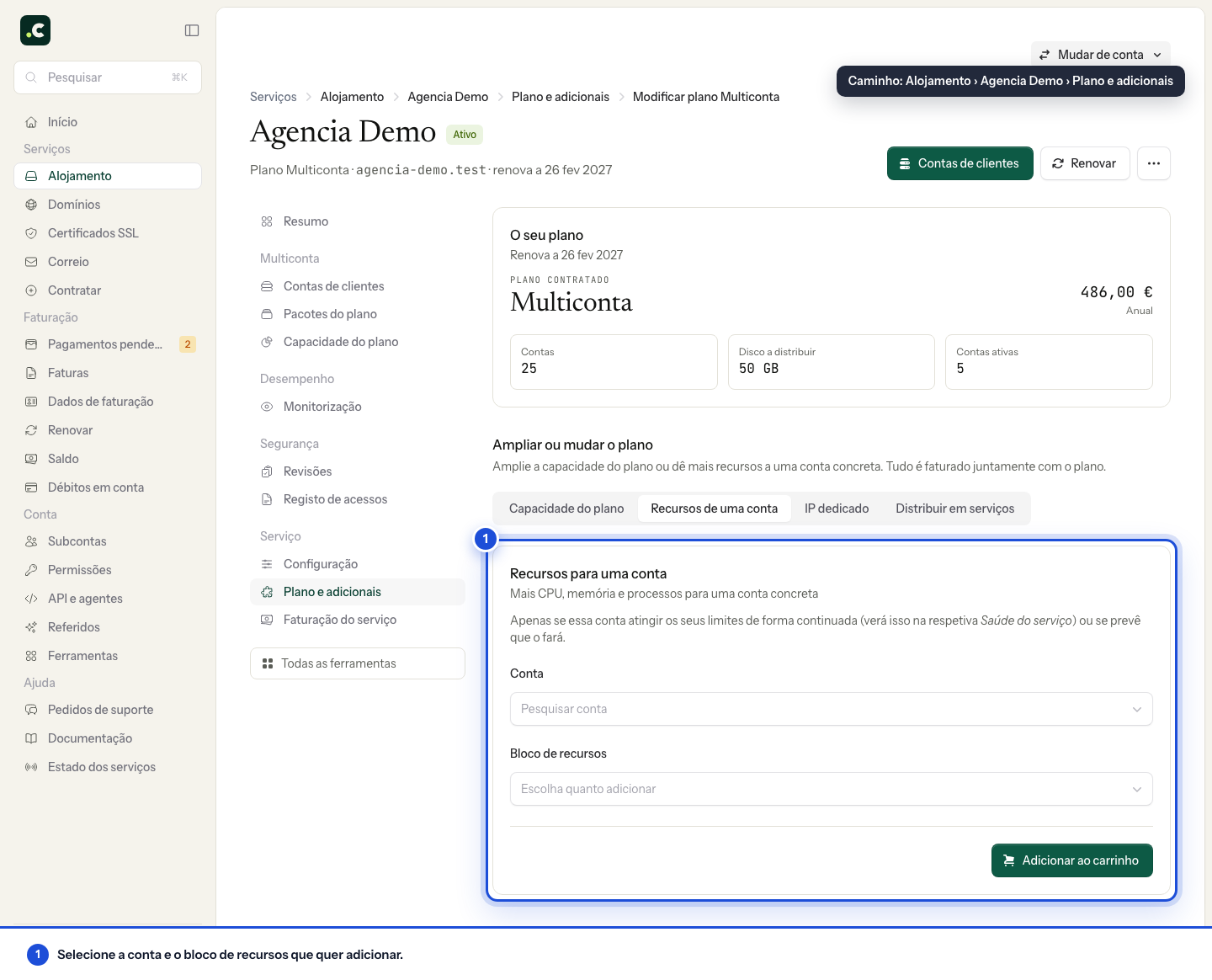 Alargar a capacidade de um alojamento multiconta