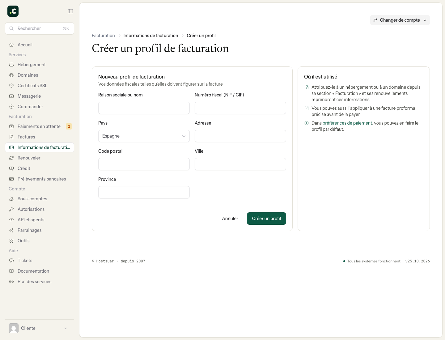 Formulaire de création d'un profil de facturation