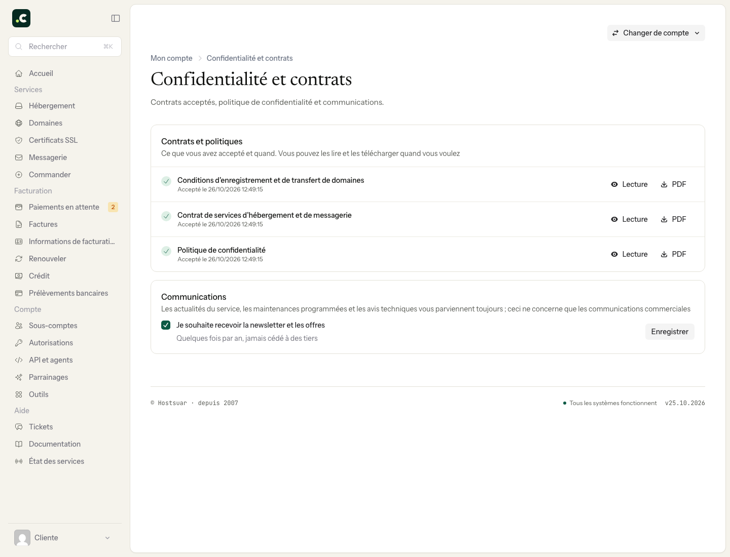 Contrats acceptés et préférence de newsletter dans le compte de démonstration