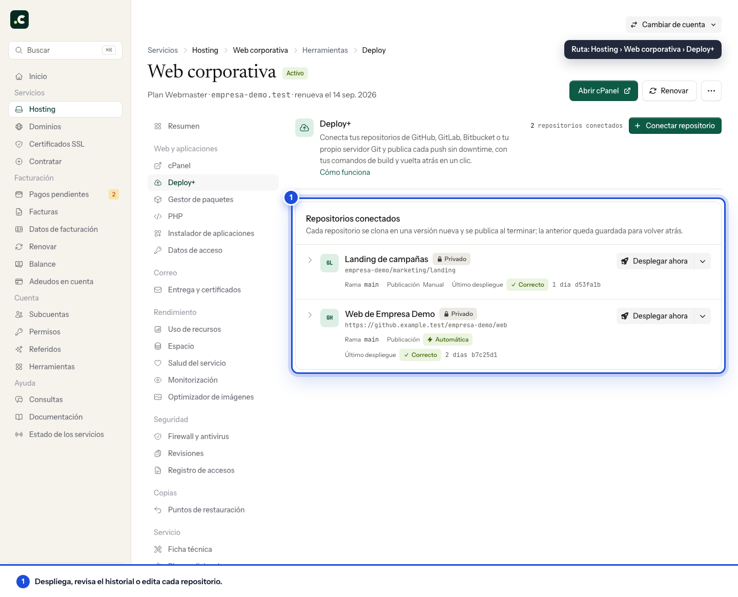 Repositorios conectados y acciones de despliegue