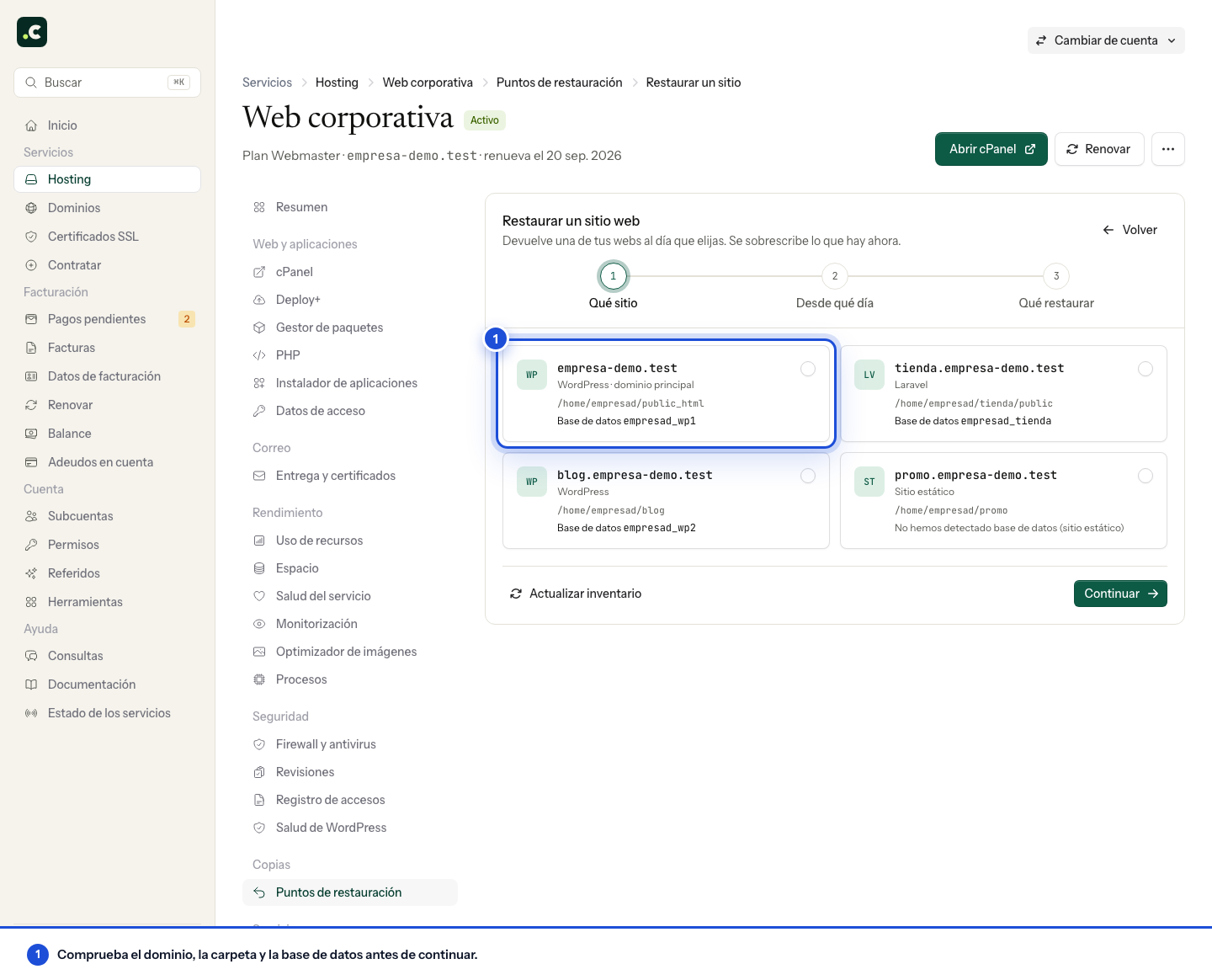 Selección de la web demo con su carpeta y base de datos antes de elegir una copia