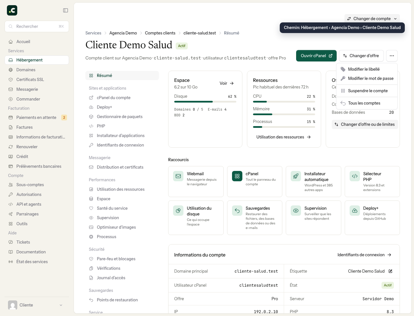 Menu « Plus d'actions » d'un compte, avec l'option pour le suspendre