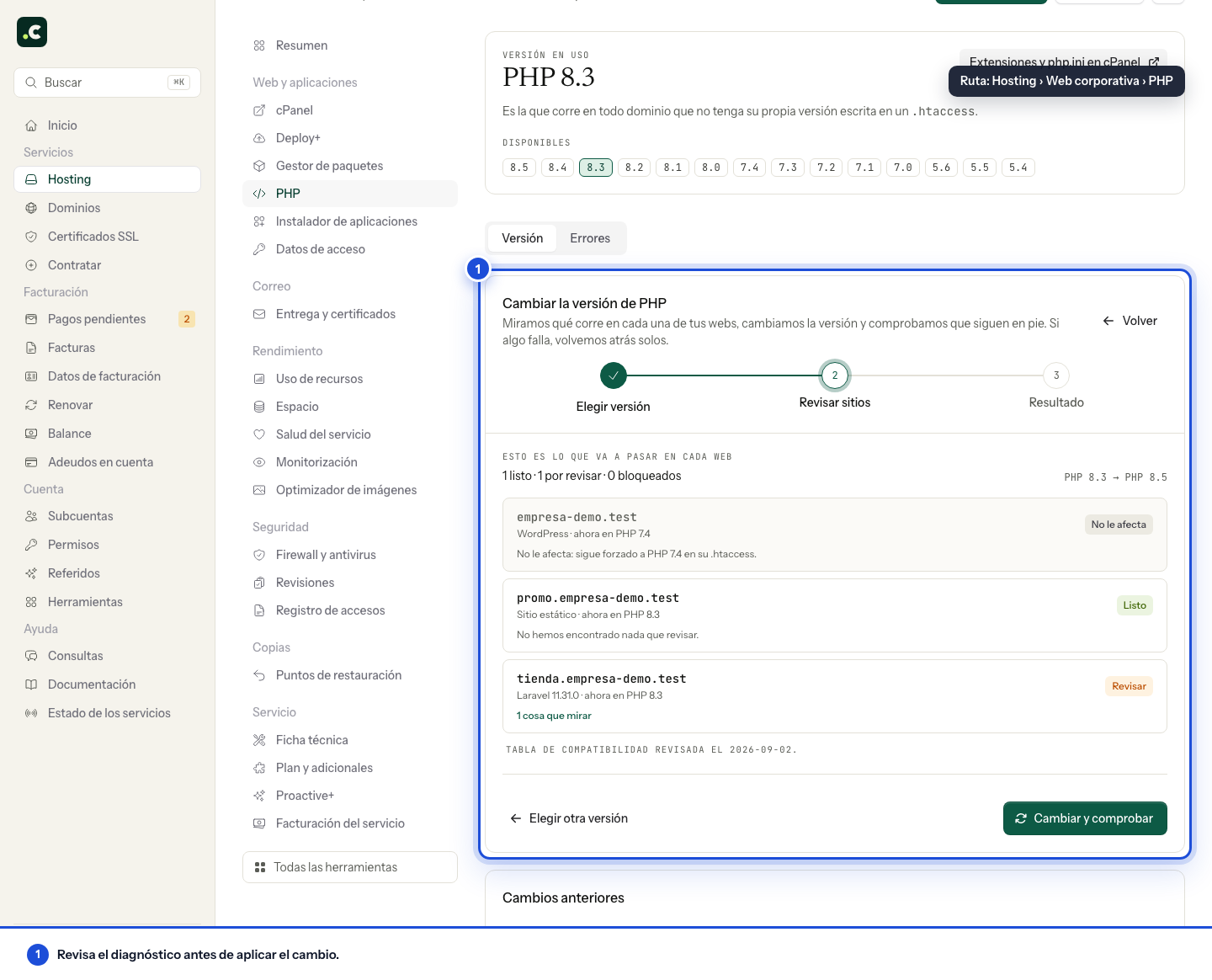 Revisión de compatibilidad antes de cambiar la versión de PHP