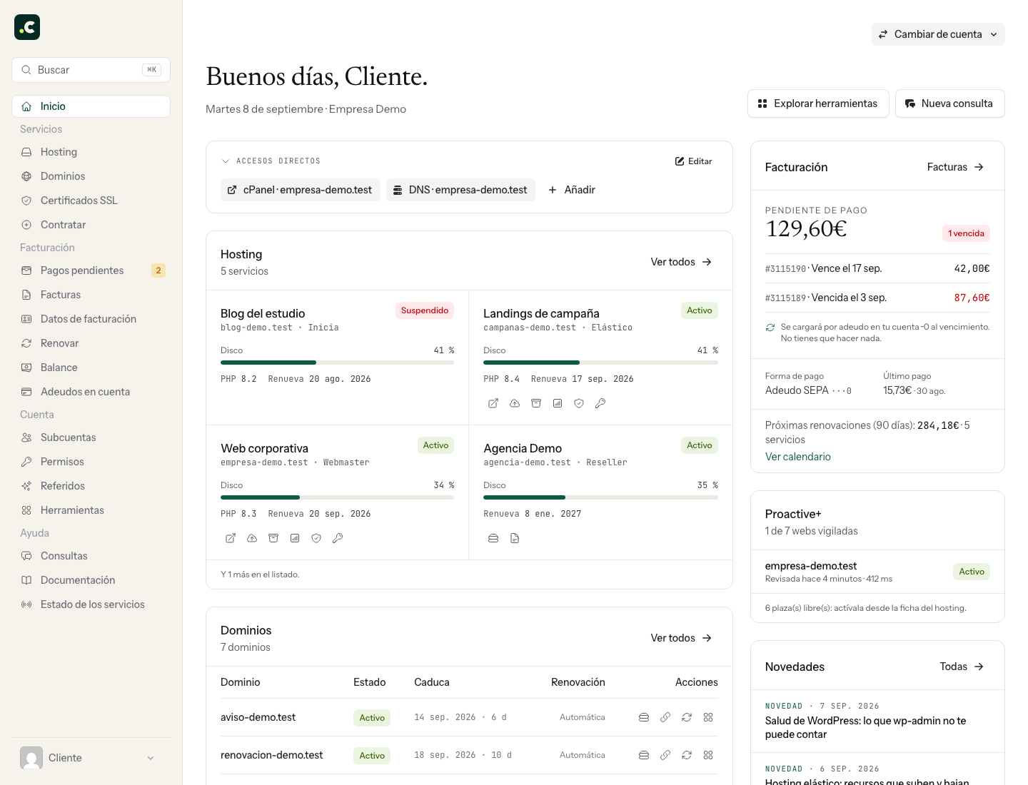 Inicio del área de clientes: menú de servicios, accesos directos y resumen de facturación