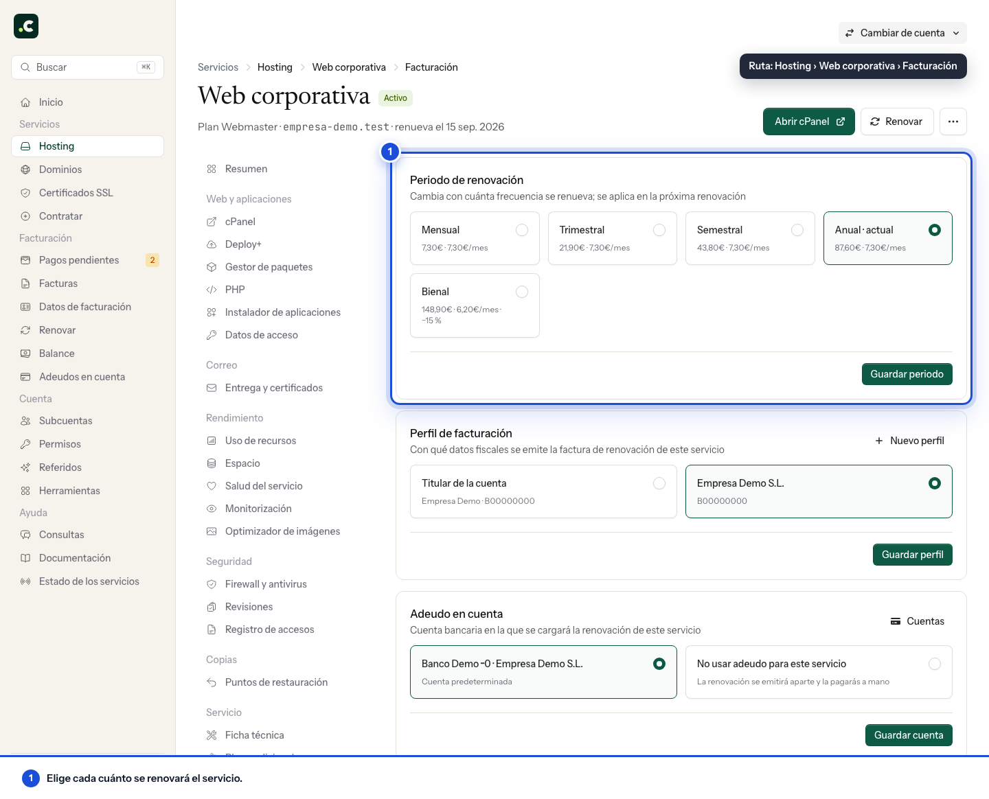 Cambiar el periodo de renovación del hosting