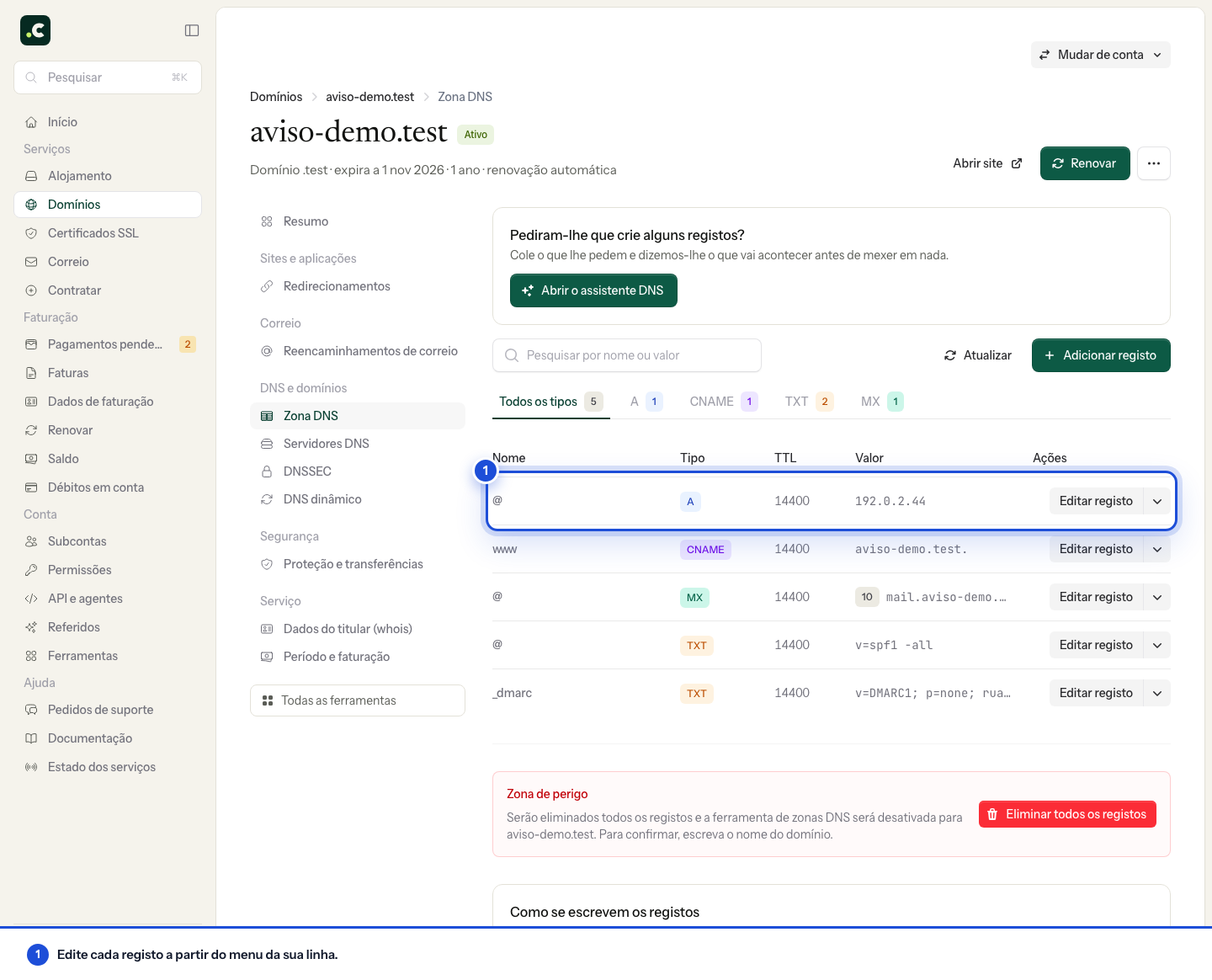 Editor da zona DNS do domínio demo: linha de um registo A e menu para o editar
