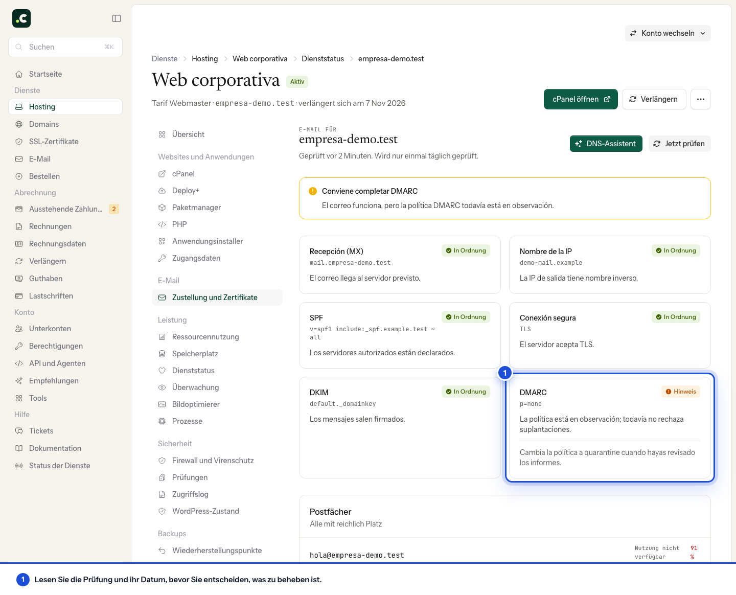Prüfungen zu E-Mail, DMARC und Postfächern einer Domain