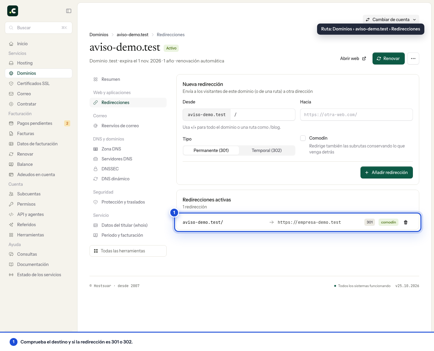 Redirecciones del dominio desde el área de clientes