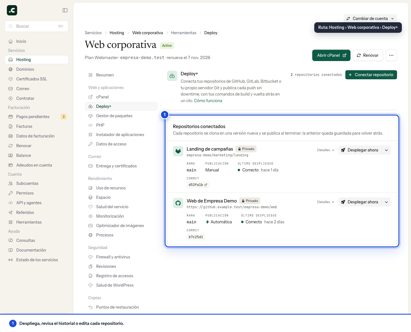 Repositorios conectados y acciones de despliegue