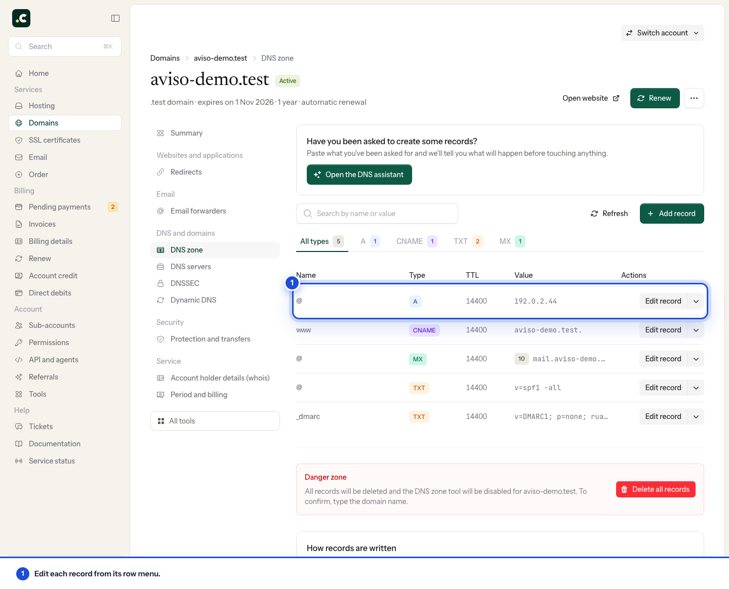 DNS zone editor for the demo domain: an A record row and the menu to edit it