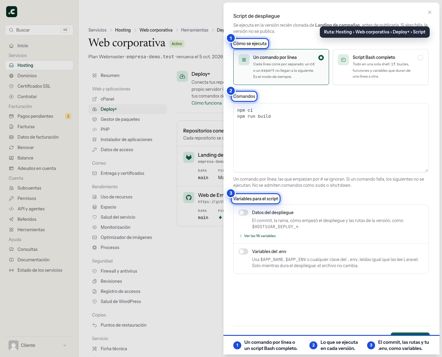 El editor de scripts de Deploy+, con los modos y las variables disponibles