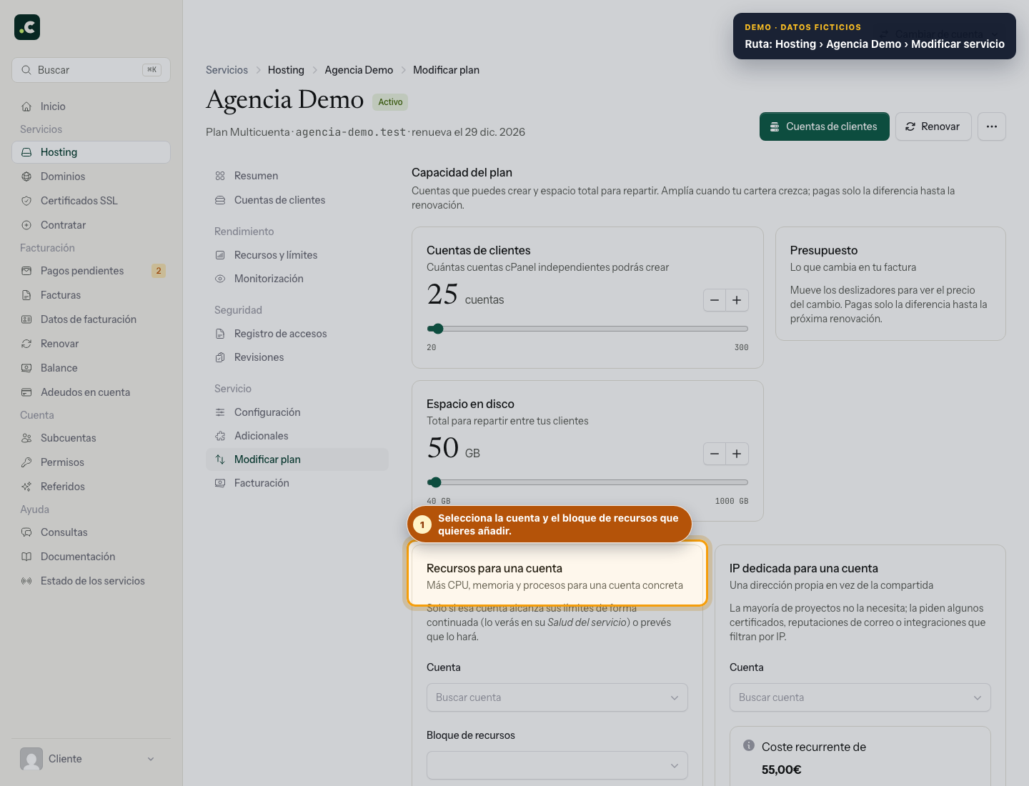Ampliar la capacidad de un hosting multicuenta