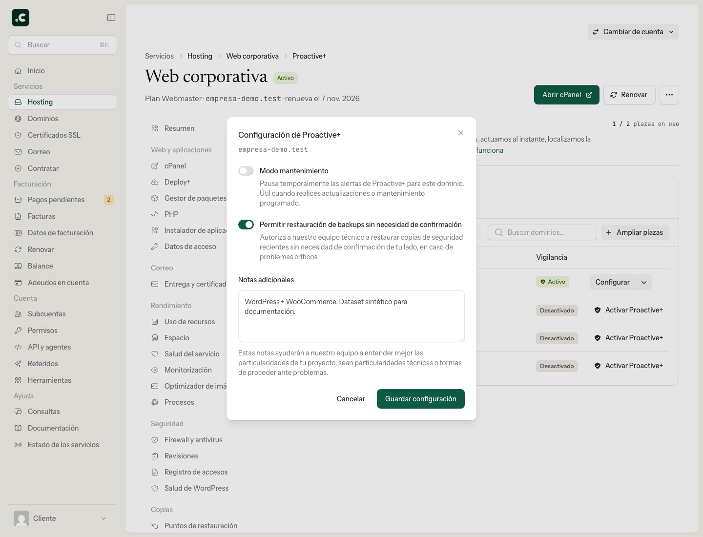 Wartung, Notizen und Berechtigungen von Proactive+ im Demokonto