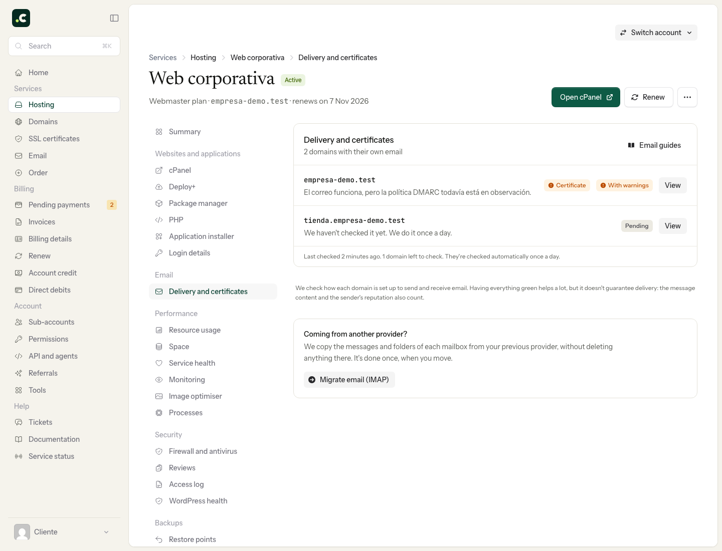 Email and certificate summary for a hosting service