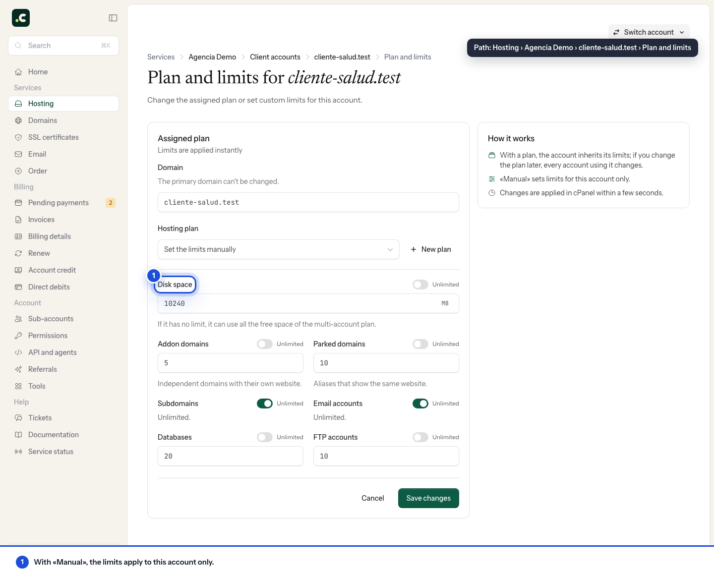 Limits set manually for a single account