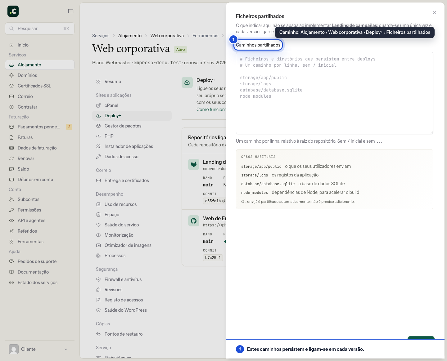 Configurar ficheiros partilhados entre versões